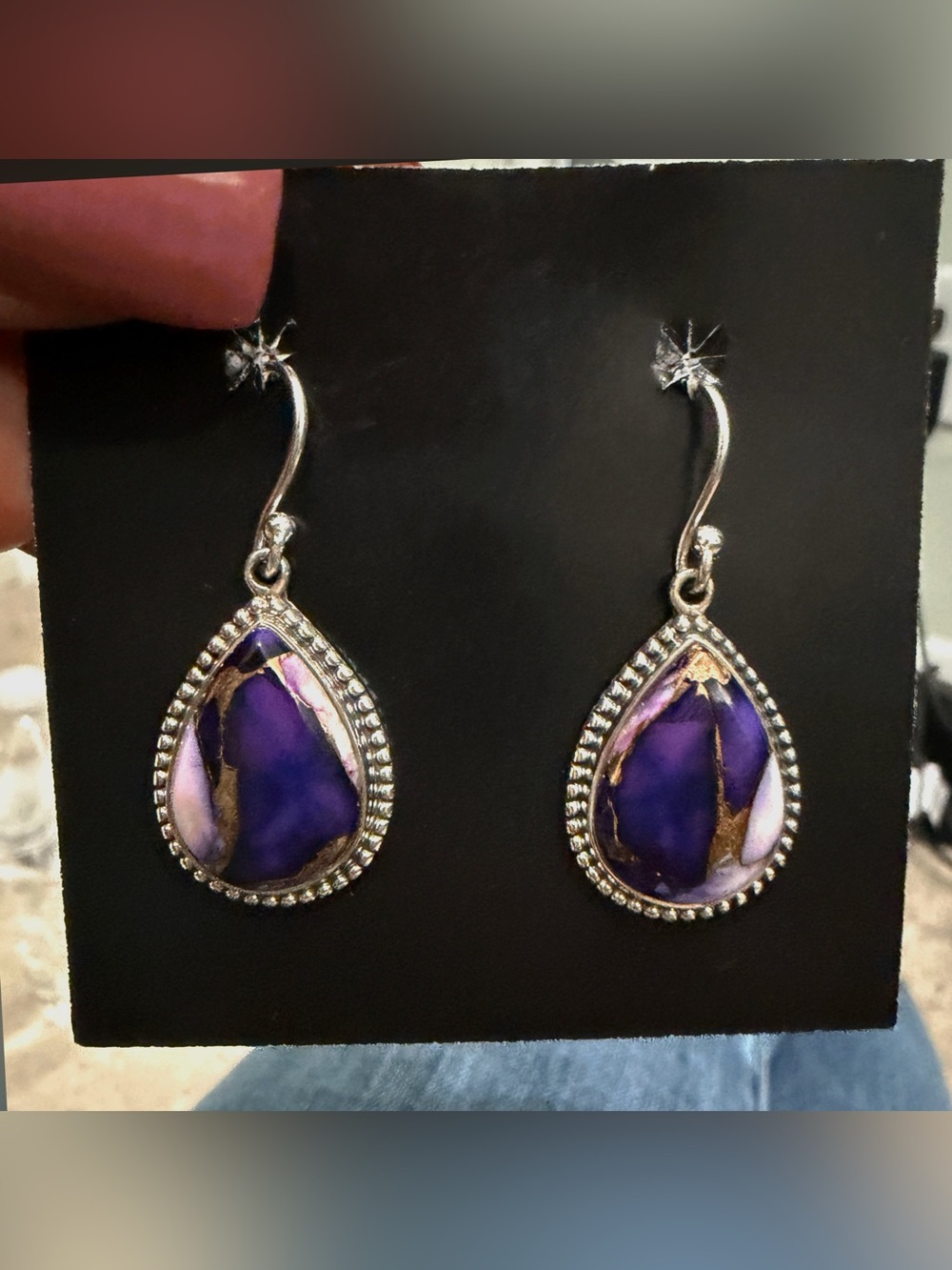 Sterling Silver 925 Purple Mojave Turquoise With Stone Dangle Earrings